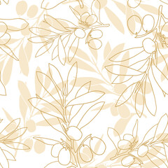 Seamless yellow olive pattern. Greek olives on branches with leaves, hand drawn sketch vector illustration. Greek olive floral decoration fresh can be used for textile.