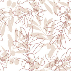 Seamless brown olive pattern. Greek olives on branches with leaves, hand drawn sketch vector illustration. Greek olive floral decoration fresh can be used for textile.