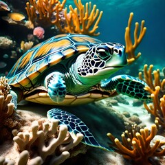 a turtle swimming over a coral reef
