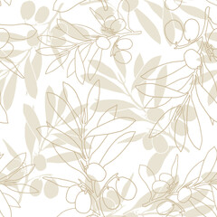 Seamless pastel green olive pattern. Greek olives on branches with leaves, hand drawn sketch vector illustration. Greek olive floral decoration fresh can be used for textile.