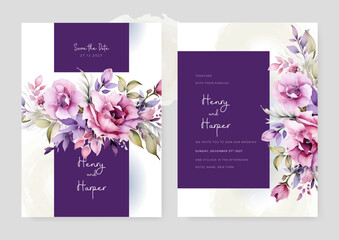 Purple violet poppy luxury wedding invitation with golden line art flower and botanical leaves, shapes, watercolor