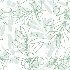 Seamless greeen olive pattern. Greek olives on branches with leaves, hand drawn sketch vector illustration. Greek olive floral decoration fresh can be used for textile.