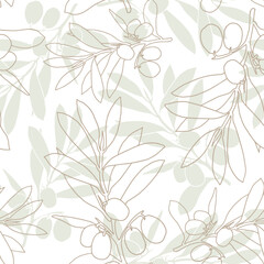 Seamless beige olive pattern. Greek olives on branches with leaves, hand drawn sketch vector illustration. Greek olive floral decoration fresh can be used for textile.