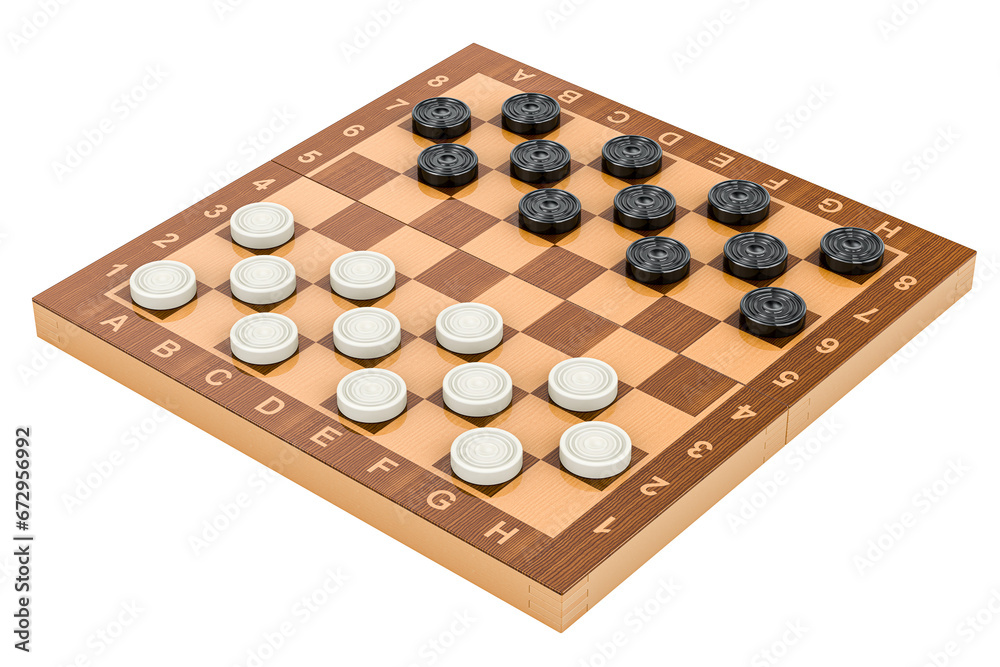 Poster checkers game board with pieces, 3d rendering isolated on transparent background