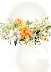 White and orange watercolor hand painted background template for Invitation with flora and flower