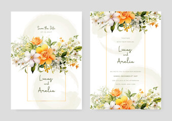 White and orange peony and cosmos modern wedding invitation template with floral and flower