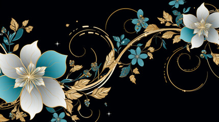 an abstract floral wreath background, in the style of light sky-blue and dark gold