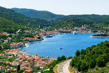 Island of Vis bay aerial view, Dalmatia, Croatia. Europe paradice Vis Island in bay of adriatic sea. - obrazy, fototapety, plakaty