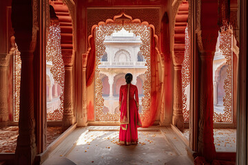 Elegance in Red: A Woman s Serene Moment in a Majestic Palace, ai generative