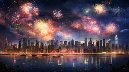 Fototapeta na wymiar fireworks over night city sky, holiday background, bright colorful lights
