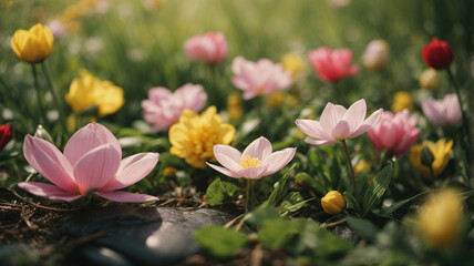 pink and yellow spring flowers