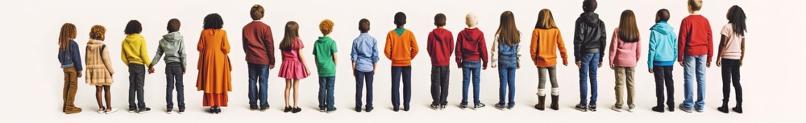 A row of different children standing with their backs to the camera. Dressed in everyday clothes.