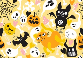 Halloween cat and pumpkins seamless ghost and skulls and poison pattern for wrapping paper and fabrics