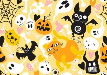 Fototapeta premium Halloween cat and pumpkins seamless ghost and skulls and poison pattern for wrapping paper and fabrics