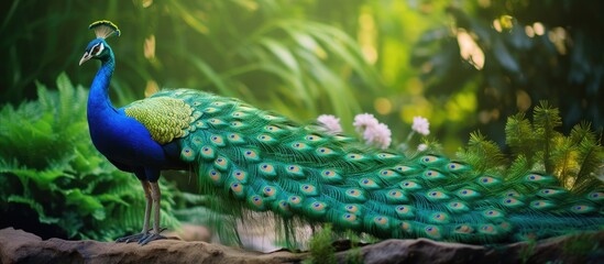 The peacock with green and blue feathers was performing a dance in the center of the open space encompassed by lush trees in their natural state