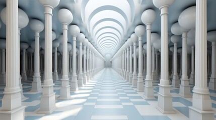 A Majestic Hallway with Elegant Columns and a Classic Checkered Floor