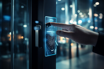 Touching a Ekey, Close-up of the Access control systems, fingerprint reader on a black glass door - obrazy, fototapety, plakaty