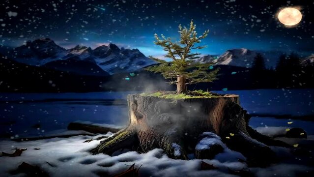 View of a young tree with green leaves emerging from an old tree stump in winter on a beautiful natural panorama background. 4K overlay virtual animated background.