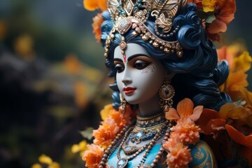 Krishna in figurine style. Religious concept with selective focus and copy space - obrazy, fototapety, plakaty