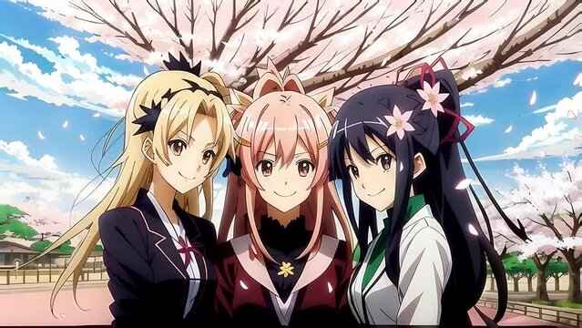 Beautiful anime girls, on the blossoming sakura background	