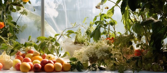 Plants and fruit fill the greenhouse s corner - obrazy, fototapety, plakaty