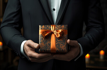 Man in suit holding black present box at christmas - obrazy, fototapety, plakaty