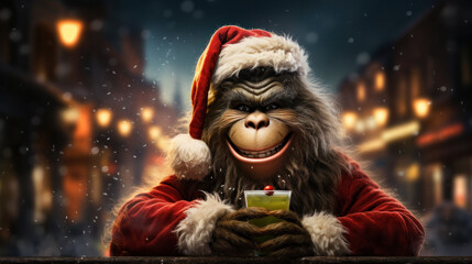  Bigfoot in Santa costume with Christmas cookie against a snowy backdrop. - obrazy, fototapety, plakaty