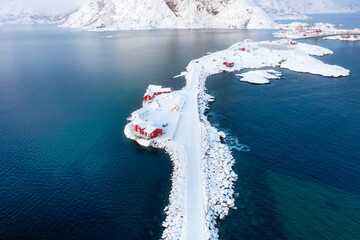 Aerial view on the Lofoten Islands, Norway. Landscape in winter time during day time. View from...