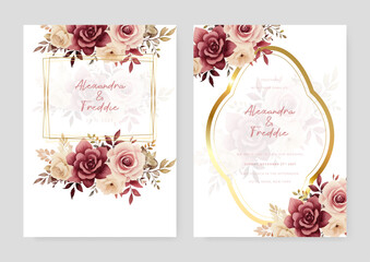 Red and beige rose modern wedding invitation template with floral and flower