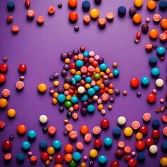 Directly above view of multi colored candies by copy space on purple background