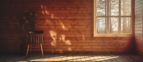 Fototapeta na wymiar In the morning in a natural setting there is a calming area by the house with tree shadows on the windows and wooden walls