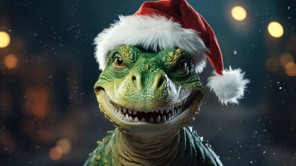 Dinosaur in Santa hat presenting a unique Christmas twist