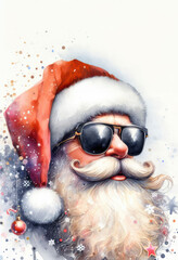 Cool, modern Santa Claus in sunglasses. New Year's gifts. Christmas card. New Year back