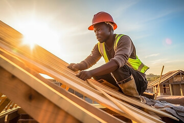 An African American carpenter is building a roof from wooden beams.