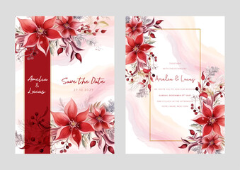Red violet set of wedding invitation template with shapes and flower floral border