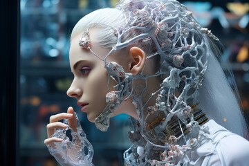 Grimes as an AI human hybrid Realistic diorama of abomination fractal Non-Euclidean geometry