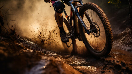 Mountain Bike rider on blurred mud dirt rainy mountain road