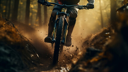 Mountain Bike rider on blurred mud dirt rainy mountain road - obrazy, fototapety, plakaty