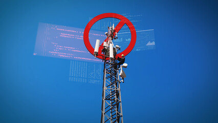 Service Engineer works on Malfunction of 5G 6G Telecom Tower Antenna with digital error message...