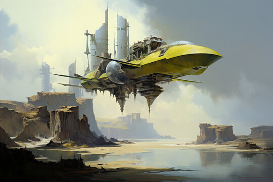 Hovering Spacecraft Over a Coastal Landscape, In mixed styles