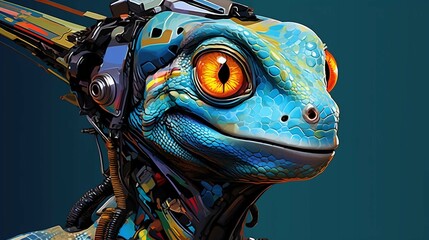 portrait image of a humanoid lizard with cybernetics. generative ai
