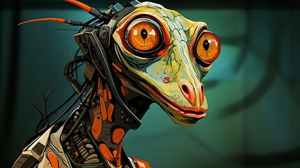 portrait image of a humanoid lizard with cybernetics. generative ai