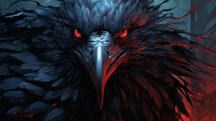 Close-up of a ruffled head of a black bird with red eyes looking at the camera. Crow or raven with mystical bloody eyes. generative ai
