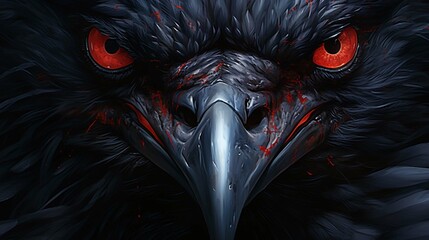 Close-up of a ruffled head of a black bird with red eyes looking at the camera. Crow or raven with mystical bloody eyes. generative ai - obrazy, fototapety, plakaty