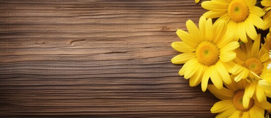 The wooden backdrop showcases a vibrant chamomile flower in a cheerful shade of yellow