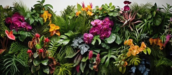 A pattern of tropical plants and flowers growing vertically in a garden