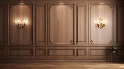 Fragment of an interior made of classic wooden panels on the wall and laminate on the floor. Classical wall molding decoration in modern empty luxury home interior. - obrazy, fototapety, plakaty