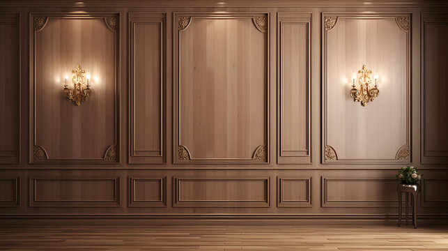 Naklejki Fragment of an interior made of classic wooden panels on the wall and laminate on the floor. Classical wall molding decoration in modern empty luxury home interior.