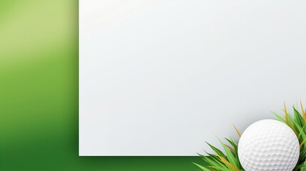 Golf ball on green background with blank white advertising banner