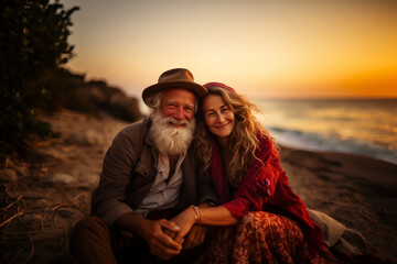 beautiful mature couple sitting together on the beach at sunset. togetherness. romantic relationship